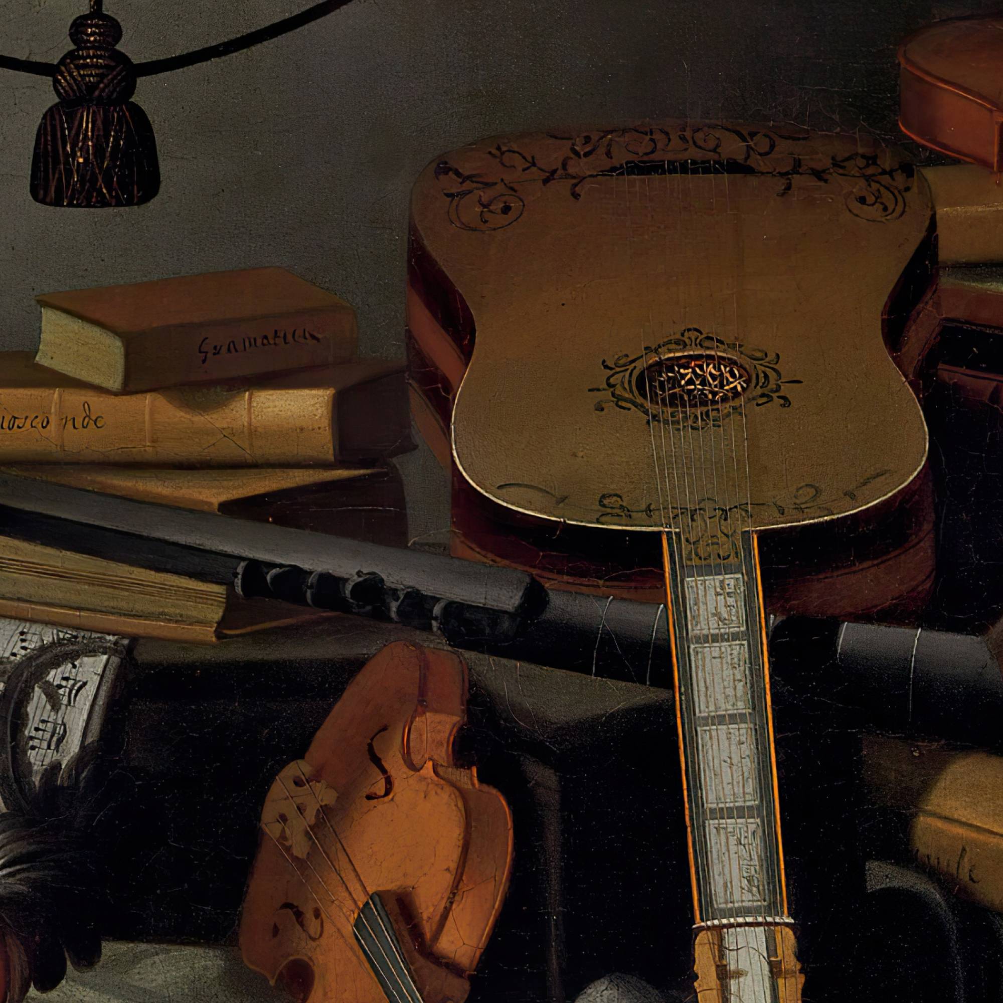 Musical instruments, books, music scores, a globe and a rooster on a table draped with a carpet